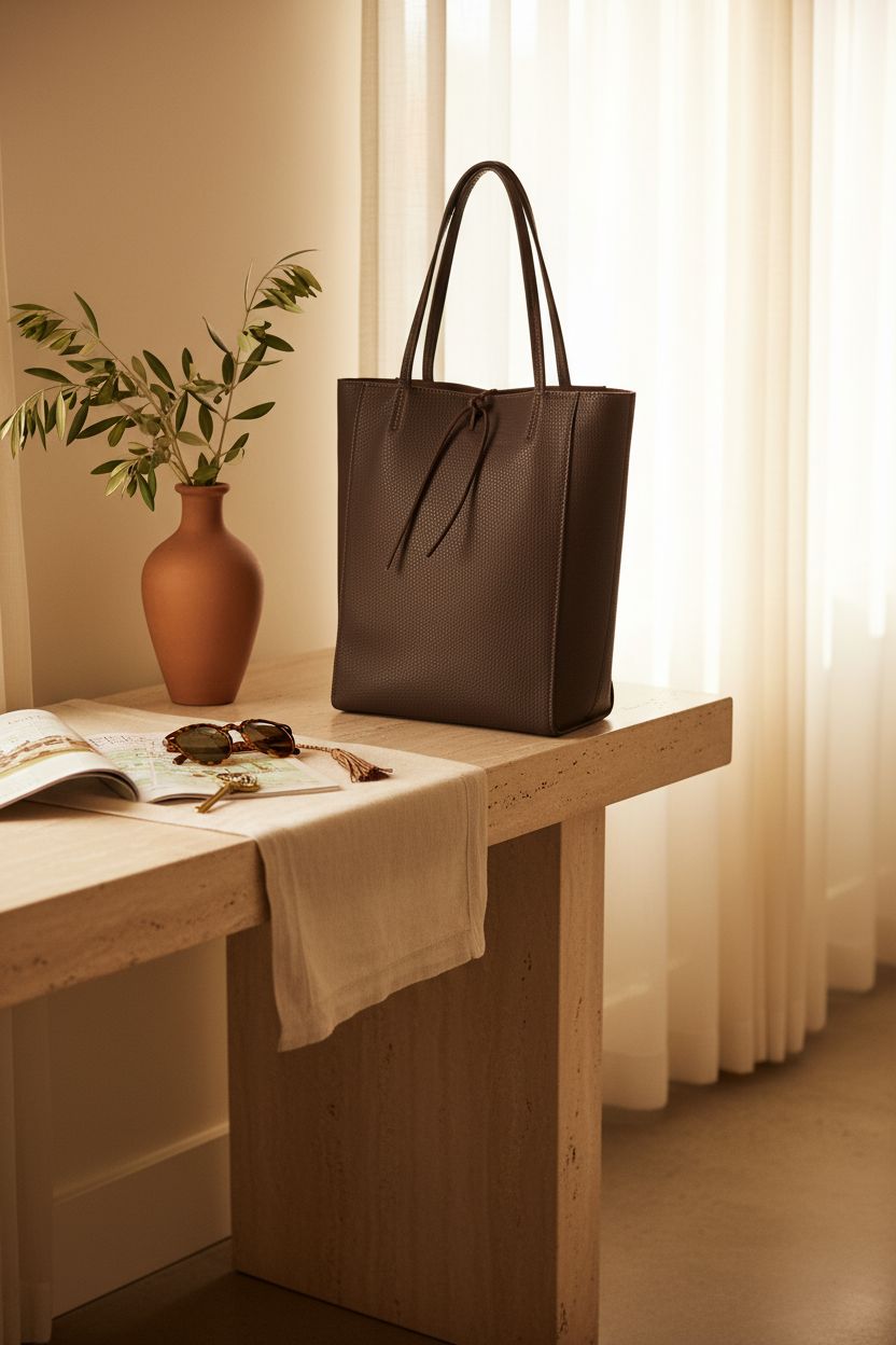 TAKEASY Italian leather tote bag beside a city guidebook in a boutique hotel setting.
