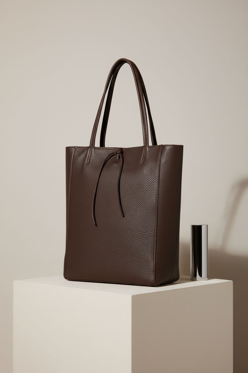 TAKEASY Italian leather tote bag displayed on a clean studio set, showcasing its design and features.