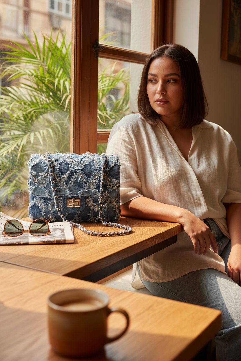 MKP Jean Purse in a cozy café setting, paired with a newspaper and ceramic mug, radiating a relaxed vibe.