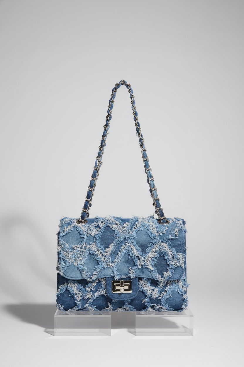 Product shot of MKP Women Small Shoulder Bag, highlighting elegant design and quilted denim texture against a gray backdrop.