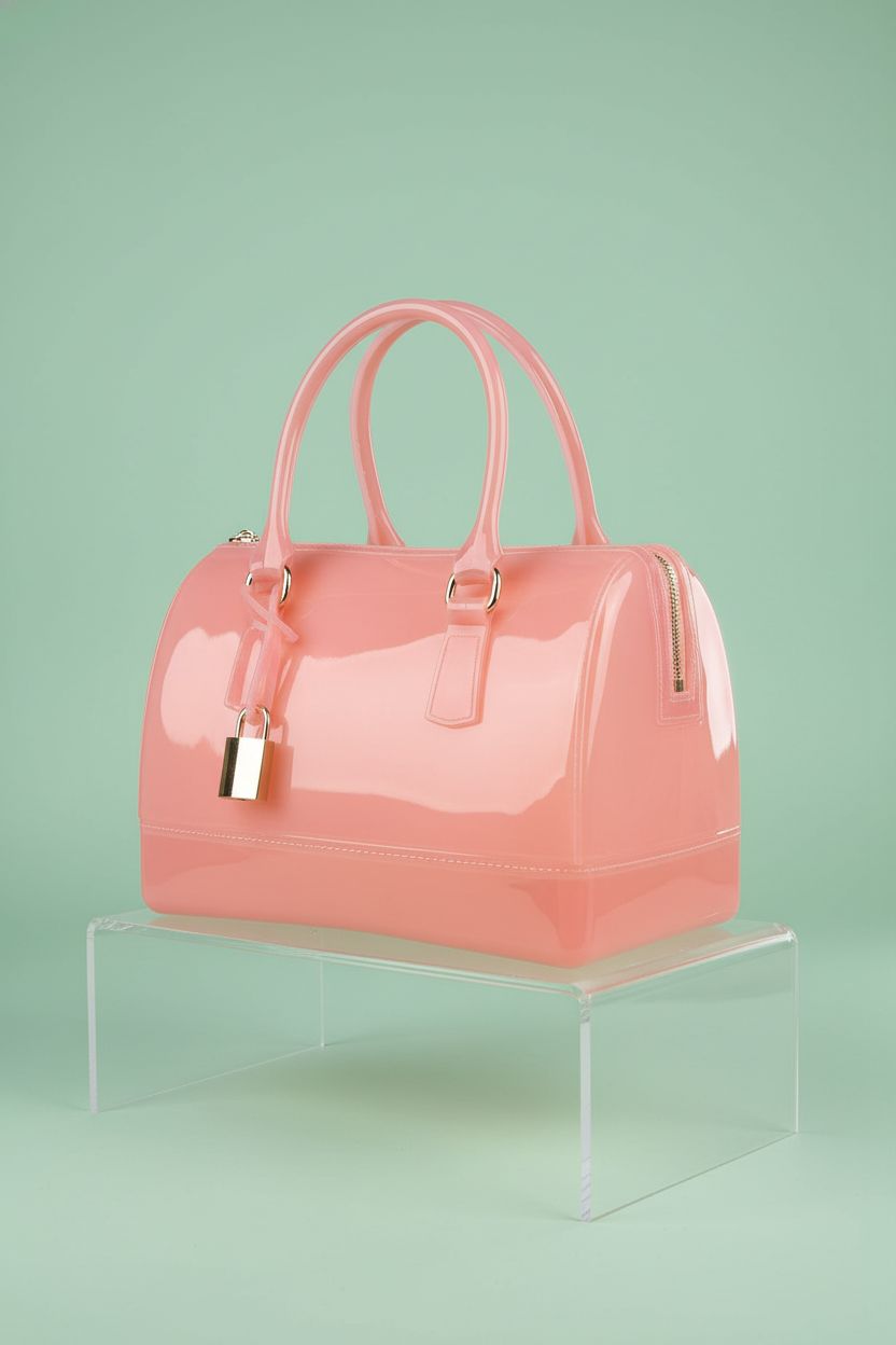 Product-focused shot of MIFORINES pink jelly purse highlighting its glossy finish and elegant design.