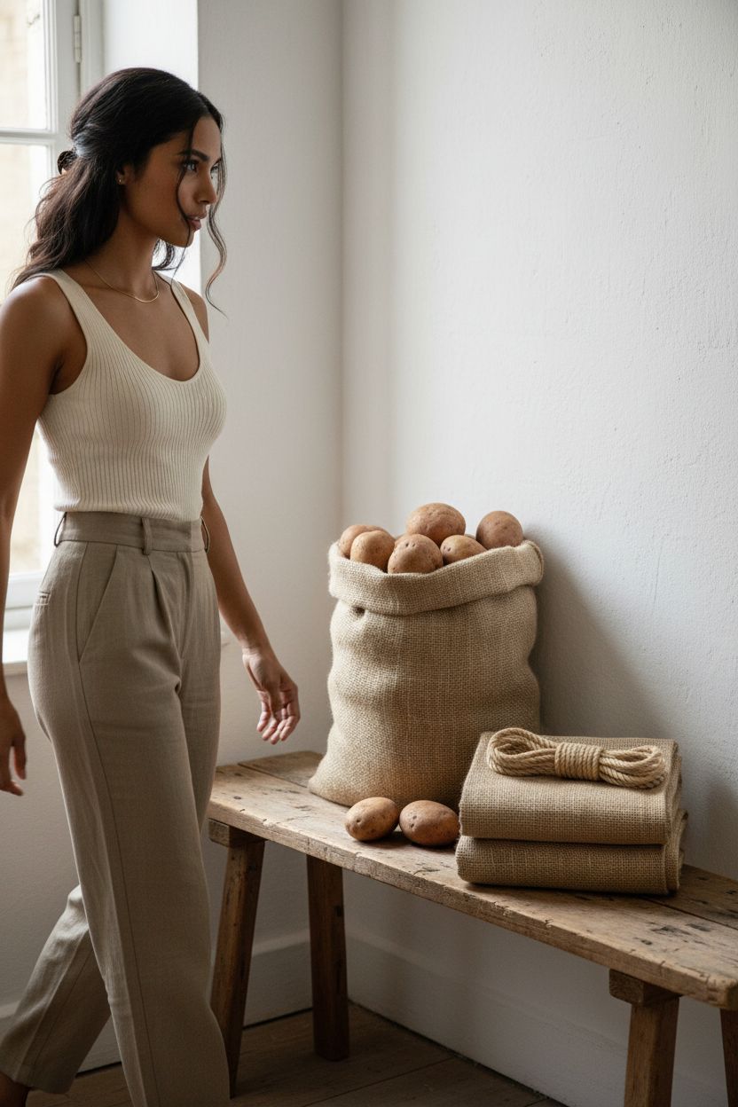 Cozy pantry with MAQIHAN jute bags displaying high-density burlap and rope ties.