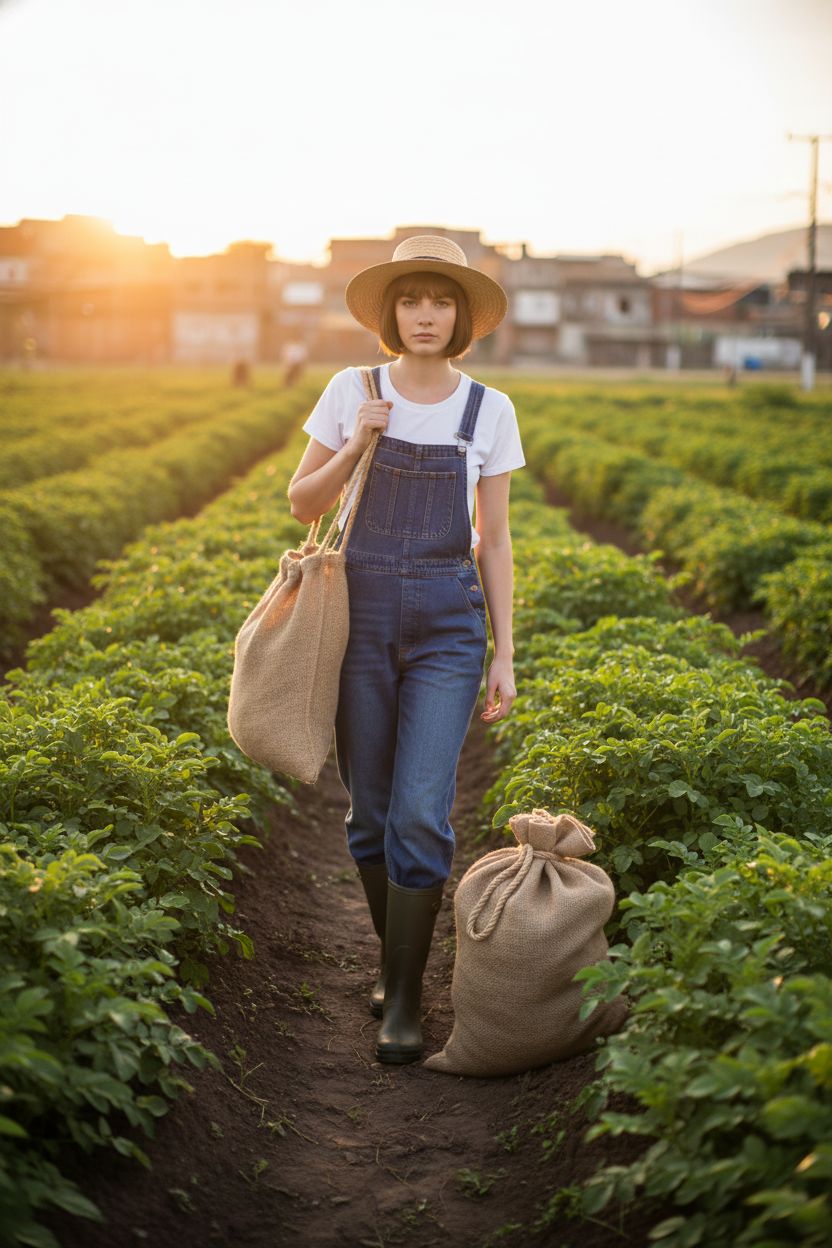 MAQIHAN jute bags in a community garden, showcasing burlap texture and rope ties.