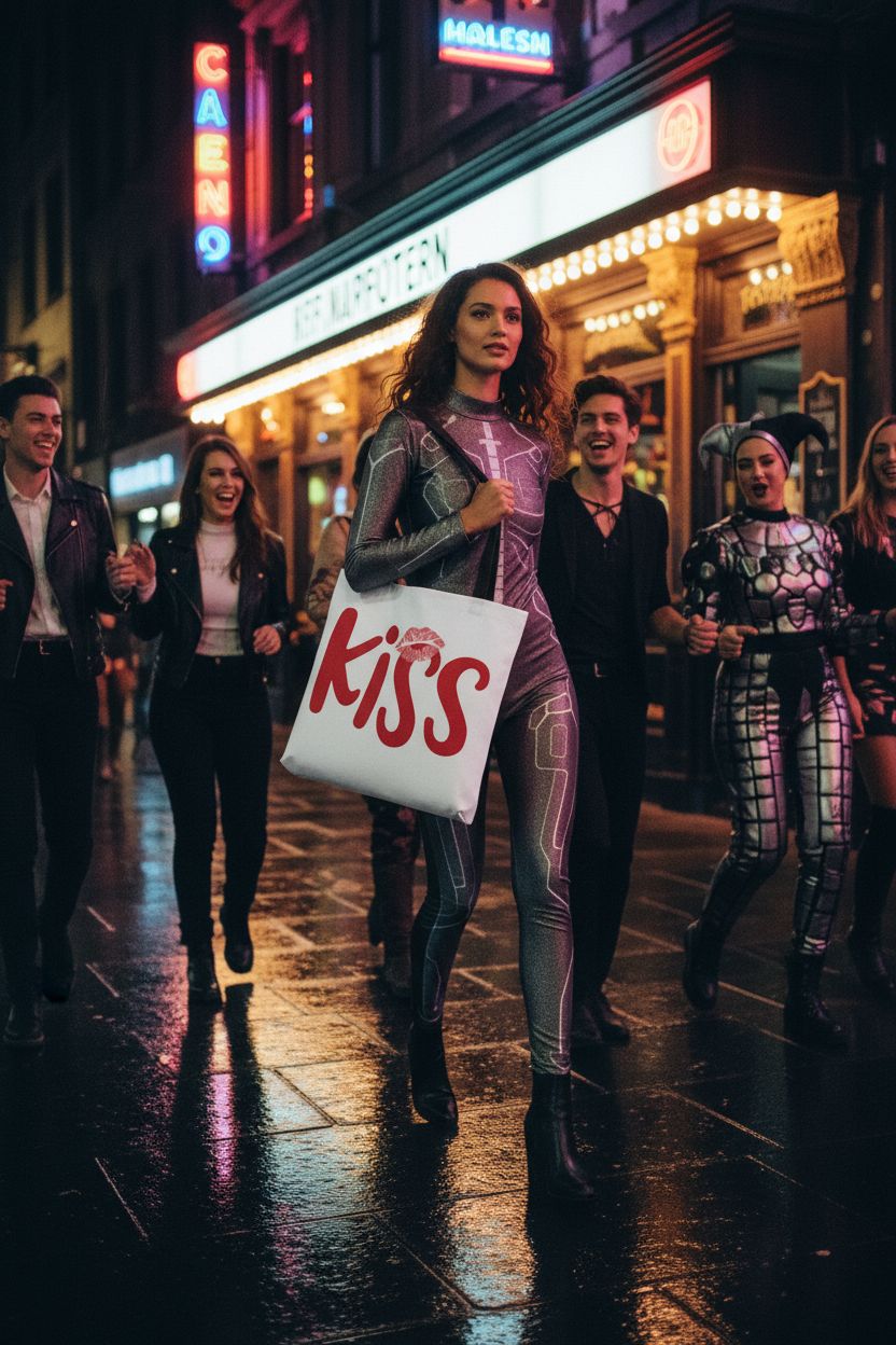 Kiss Marry Kill Girls Group Trio red lips tote bag in a festive Halloween setting.