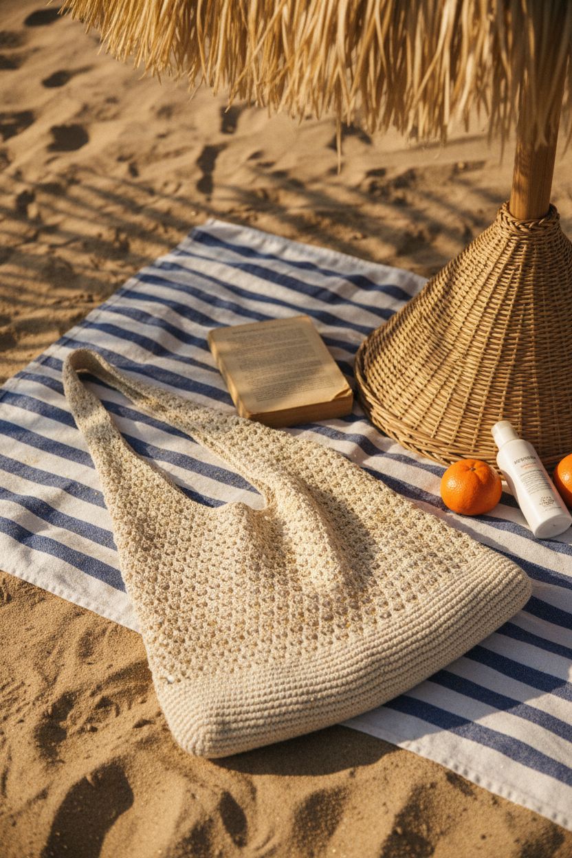 hatisan Crochet Bag for Women on beach towel, perfect for summer relaxation and beach vibes
