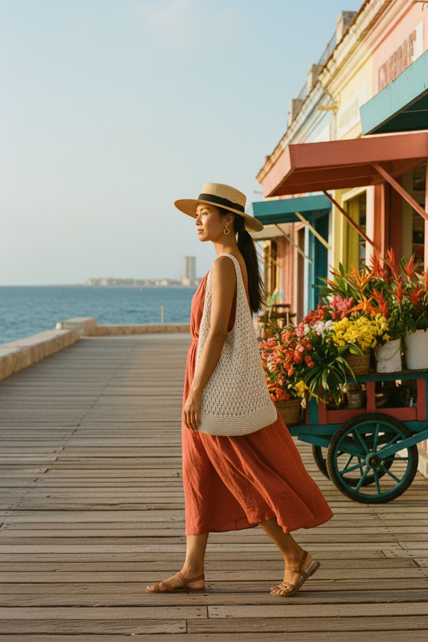 hatisan Crochet Bag for Women on seaside boardwalk, stylish beige knit with summer vibe