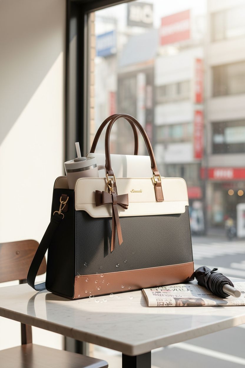 LOVEVOOK Laptop Tote on a marble table in a sunlit café, showcasing its design.