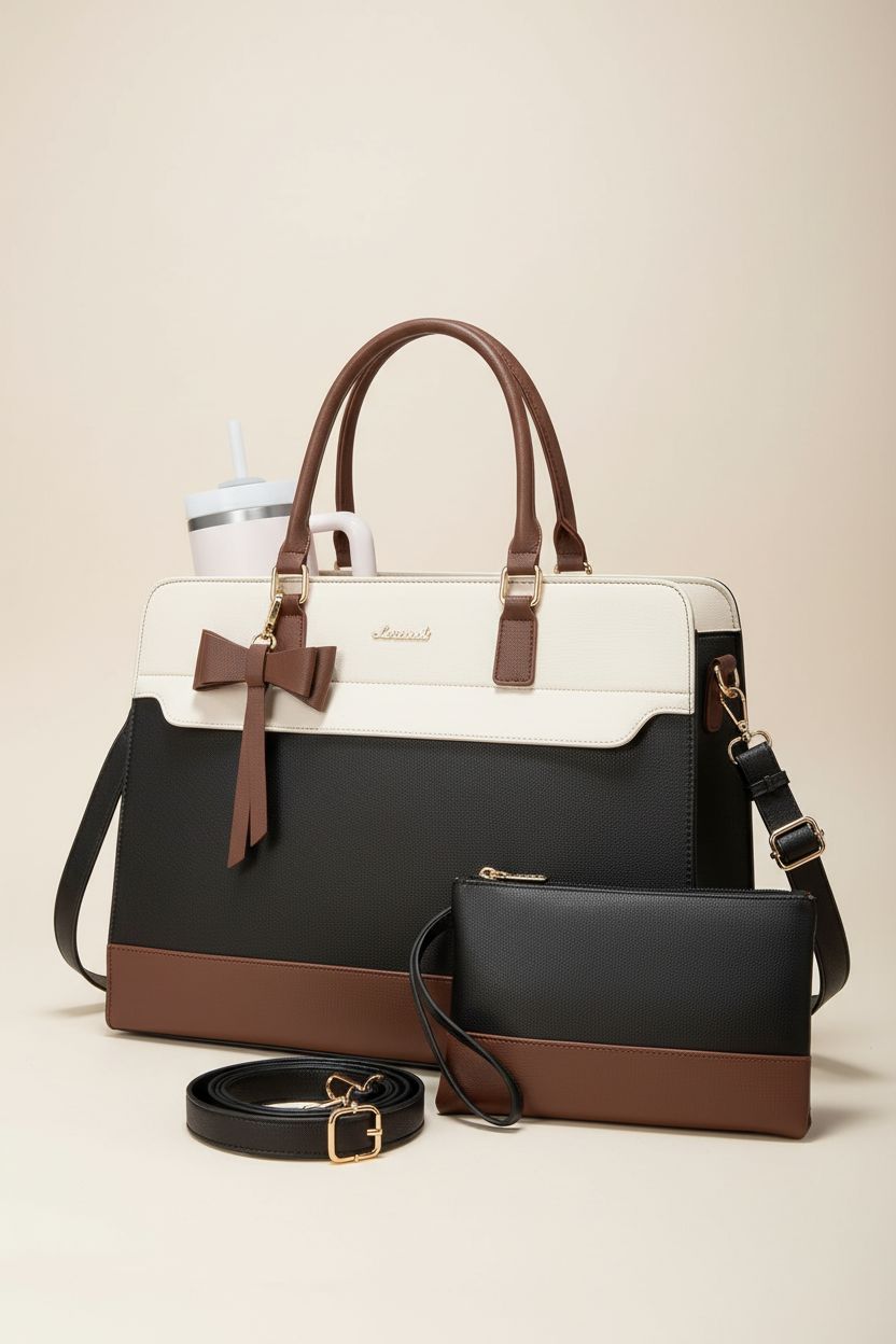 LOVEVOOK Laptop Tote Bag displayed on a studio set, highlighting its features.