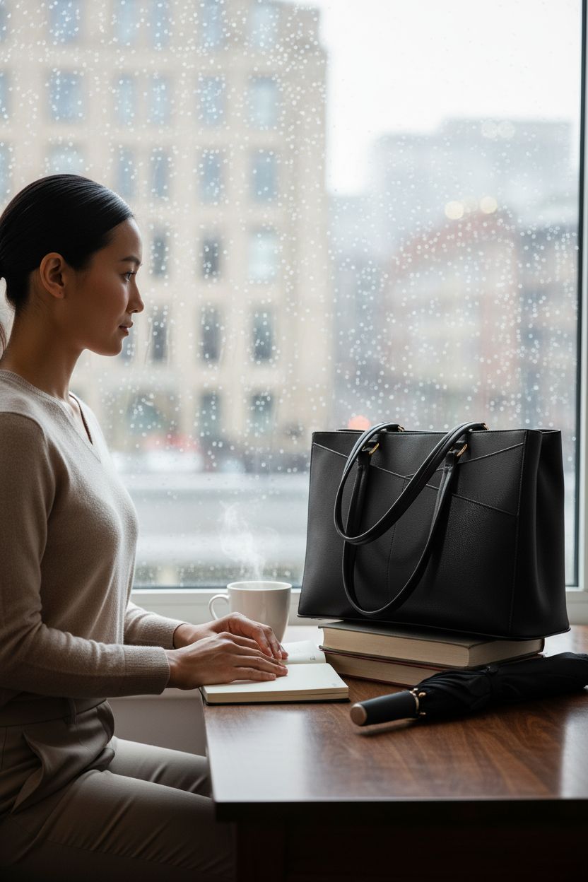 LOVEVOOK black laptop tote resting on a desk beside a mug and planner, creating a cozy workspace vibe