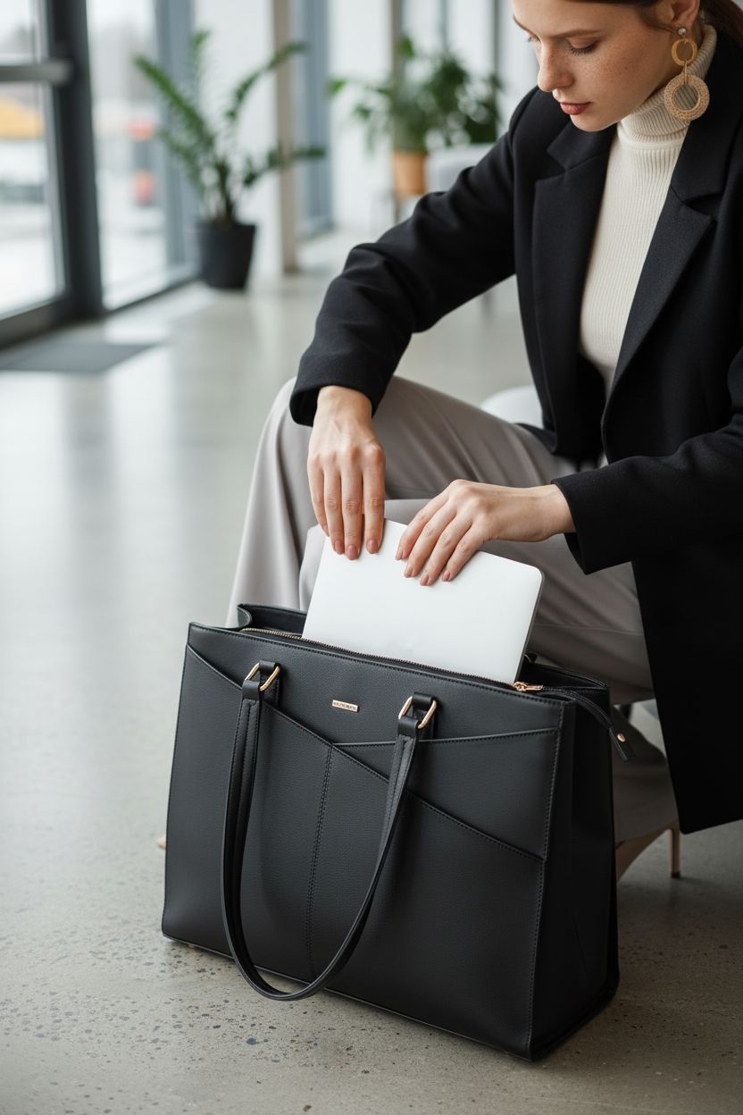 LOVEVOOK black laptop tote bag showcasing padded compartment and zipper detail in a coworking lounge