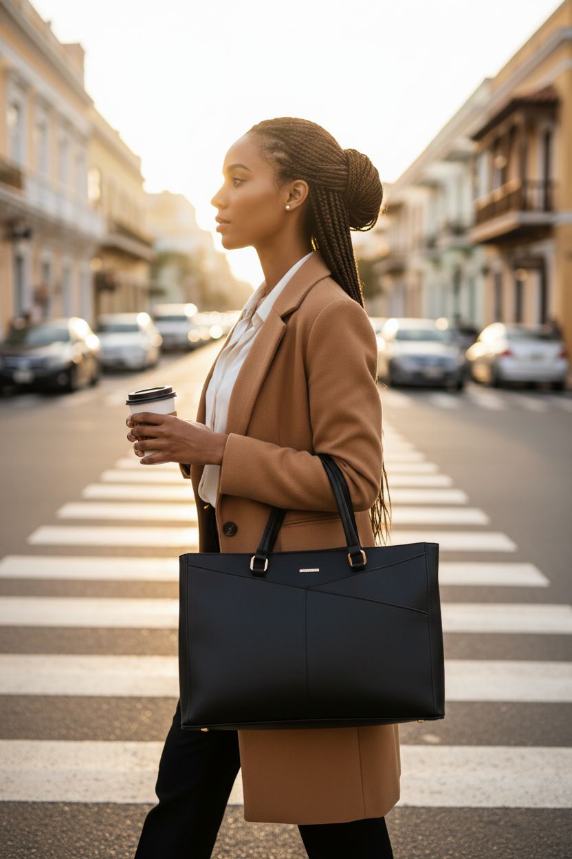 LOVEVOOK black leather laptop tote bag held on shoulder while walking in a sunlit setting