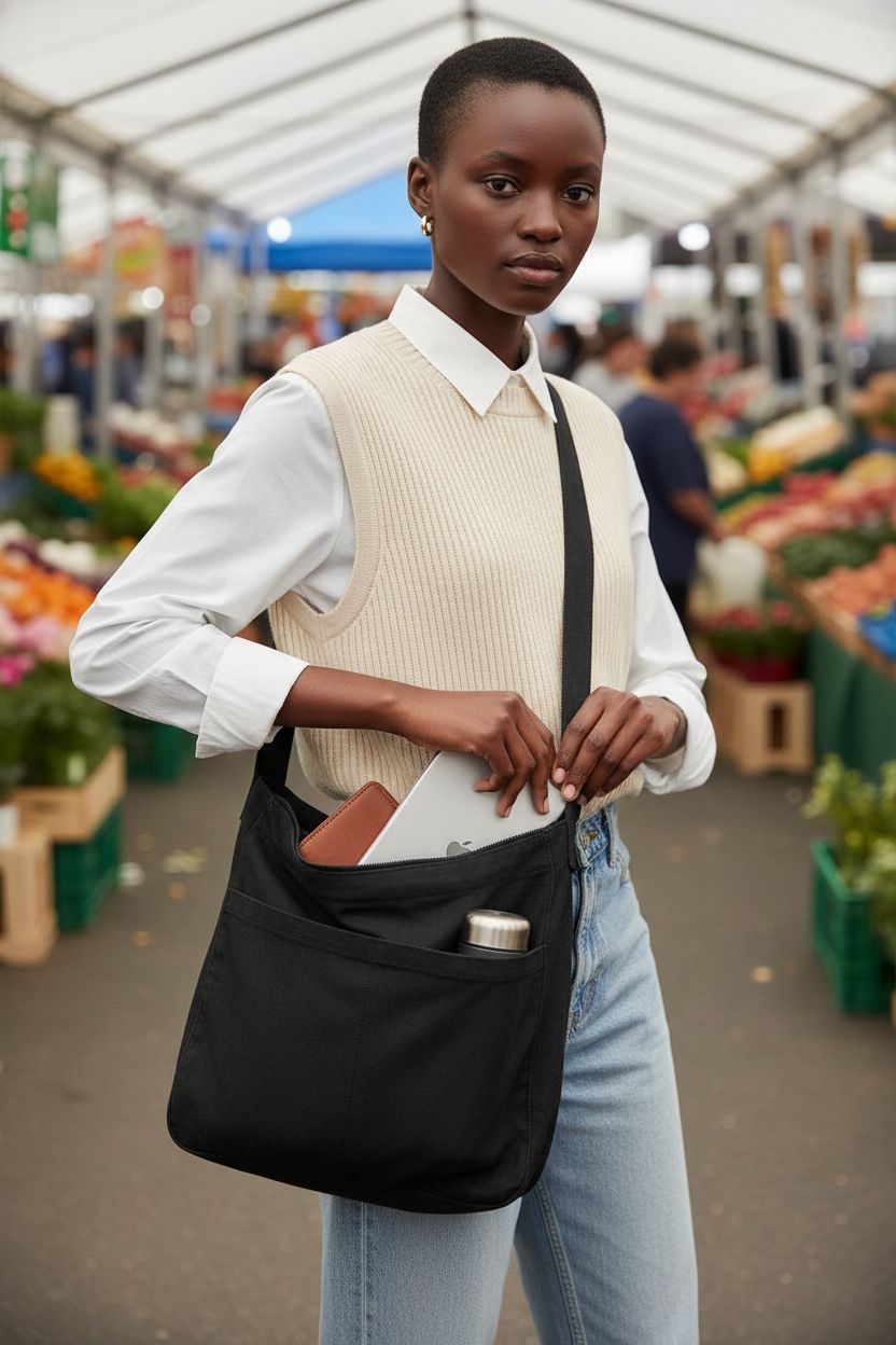 DAINAOTM canvas tote bag in black at a farmer's market, showcasing its spacious design with a tablet and wallet inside.