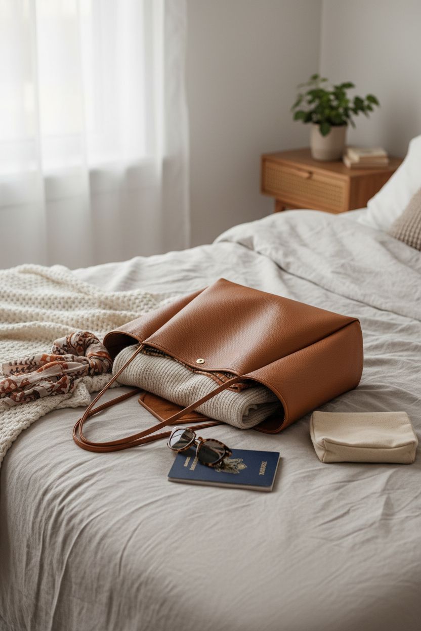 Warm orange-brown HOXIS tote resting on cozy bedding, showcasing its casual elegance and travel-ready features.