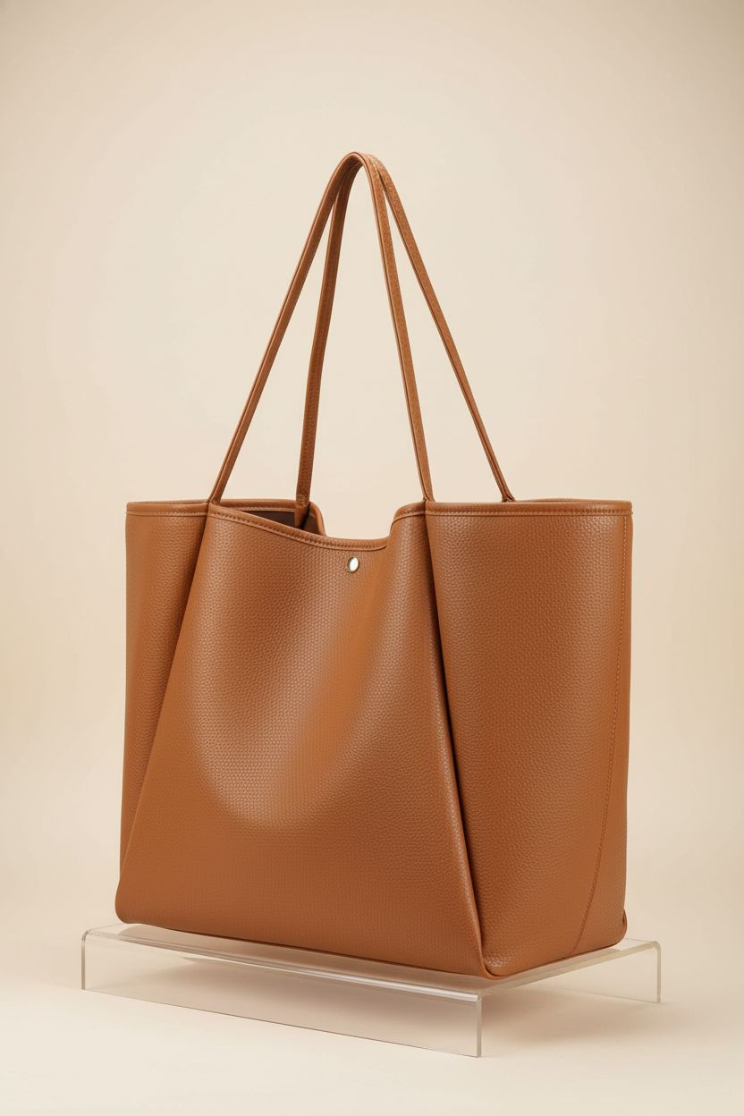 HOXIS oversized PU leather tote on display, highlighting its pebbled texture and refined design details.