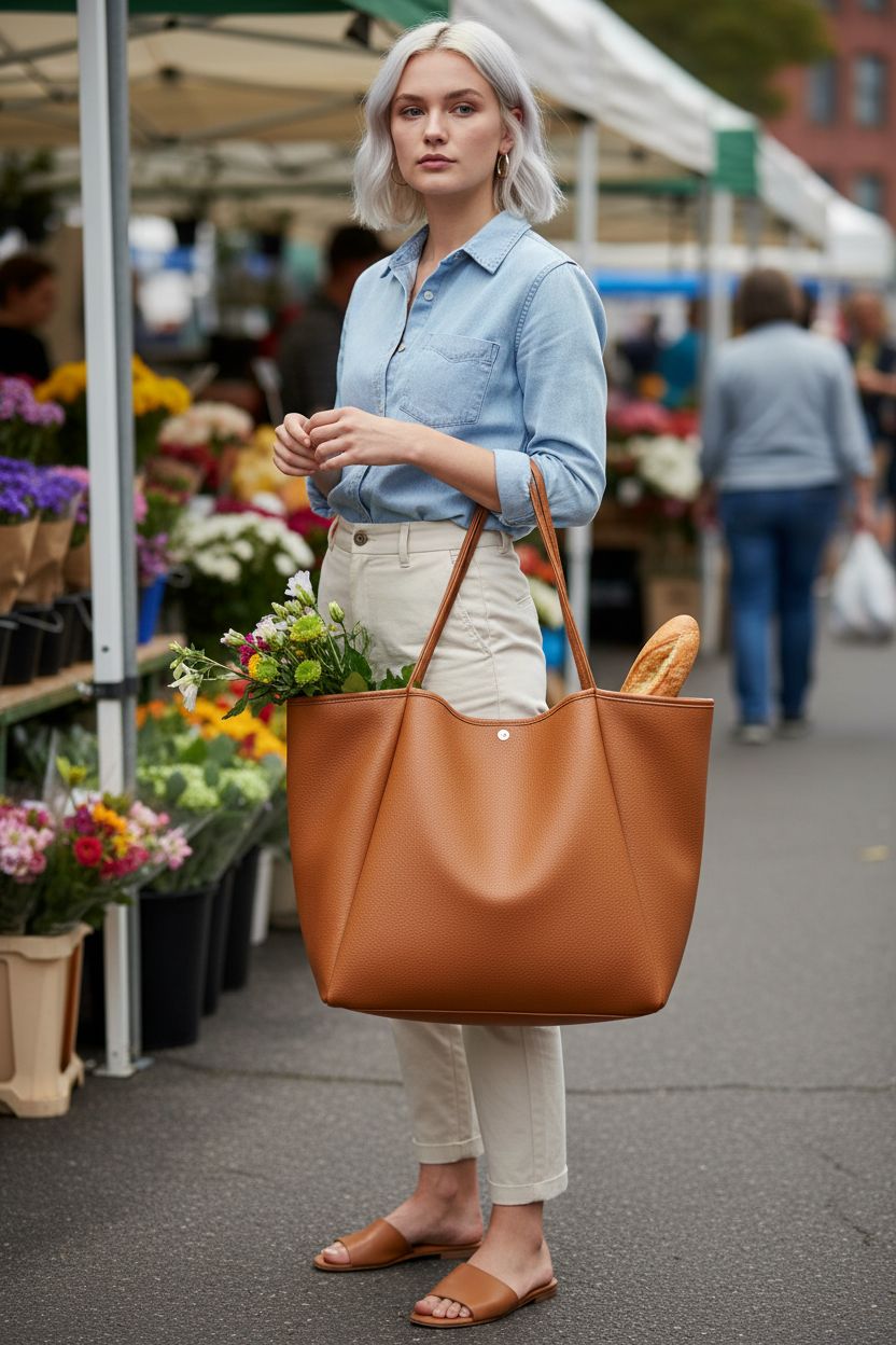 Oversize PU leather tote by HOXIS featuring a roomy interior and magnetic snap, perfect for weekend outings.