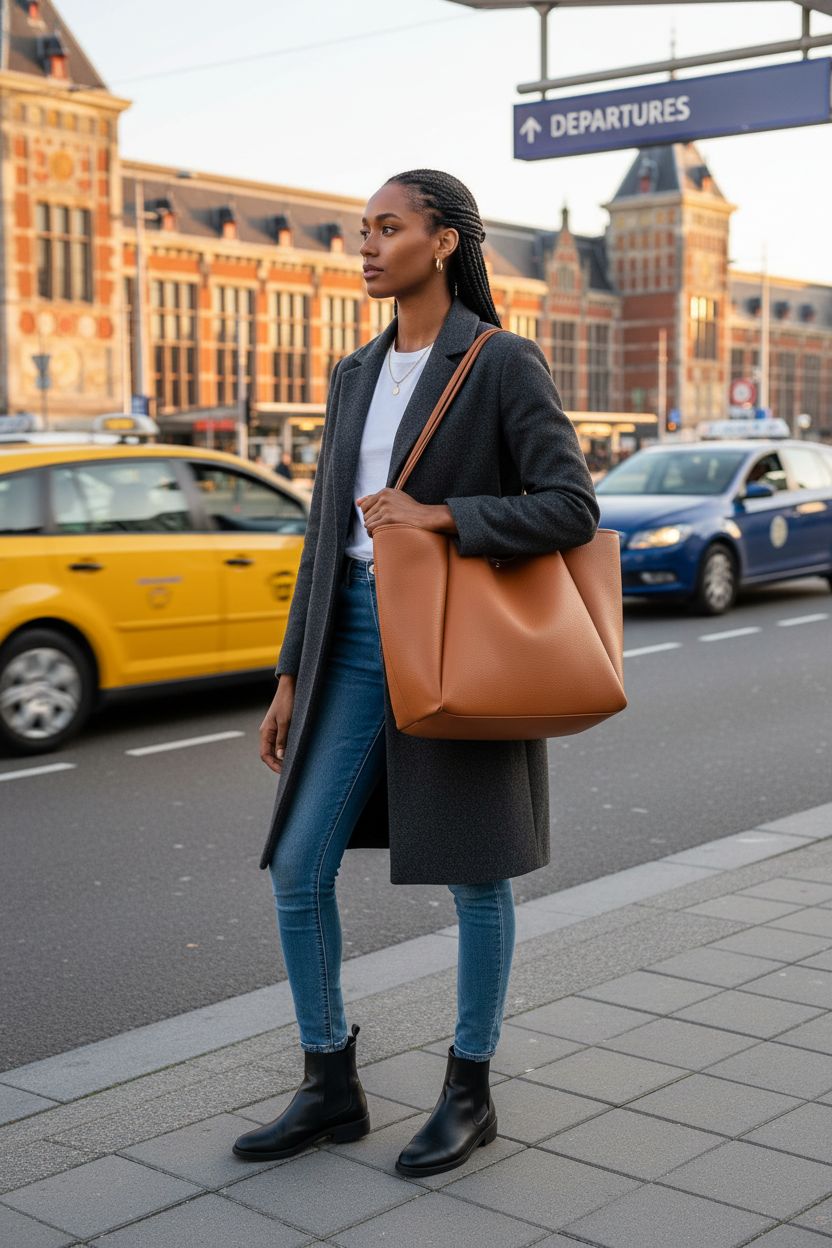 HOXIS orange-brown tote bag worn casually, ideal for travel with stylish design and ample storage.