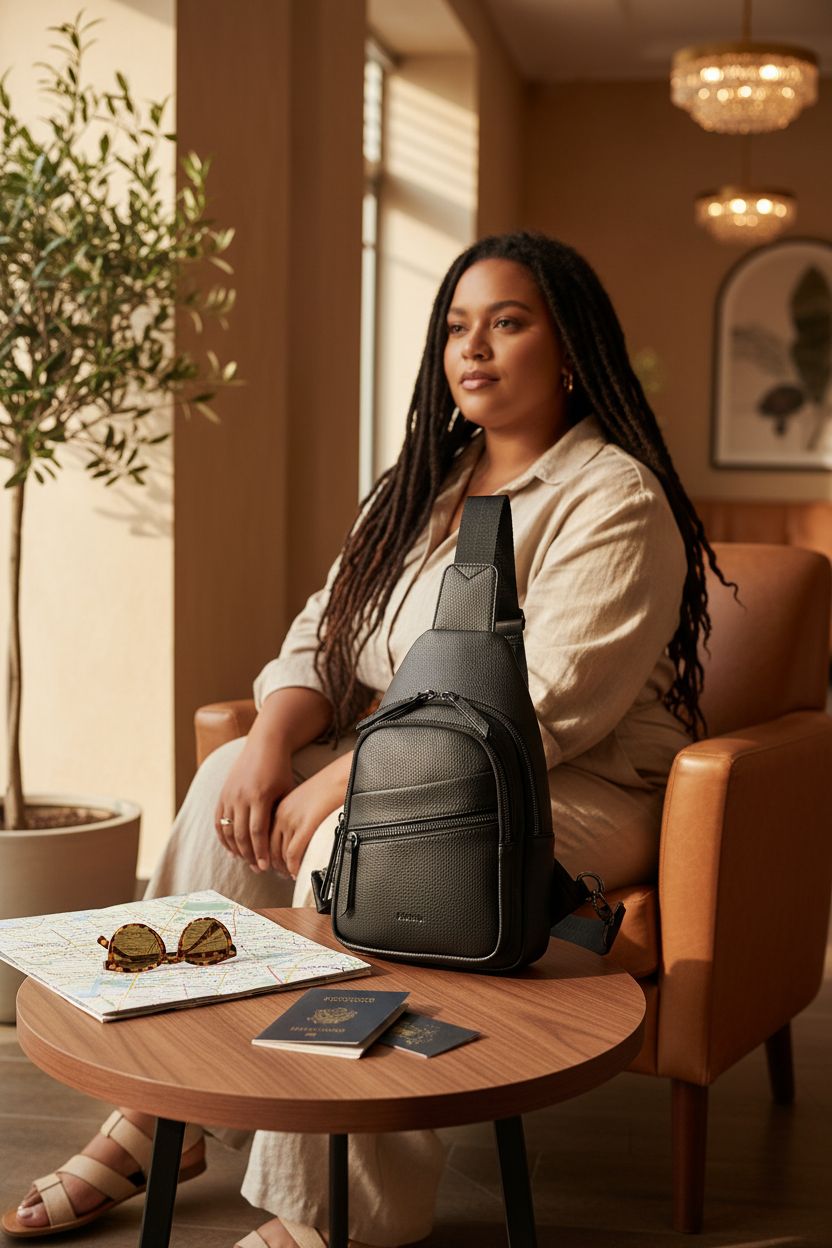 Alldaily large leather sling bag resting on a cozy hotel chair, surrounded by travel essentials in warm light.
