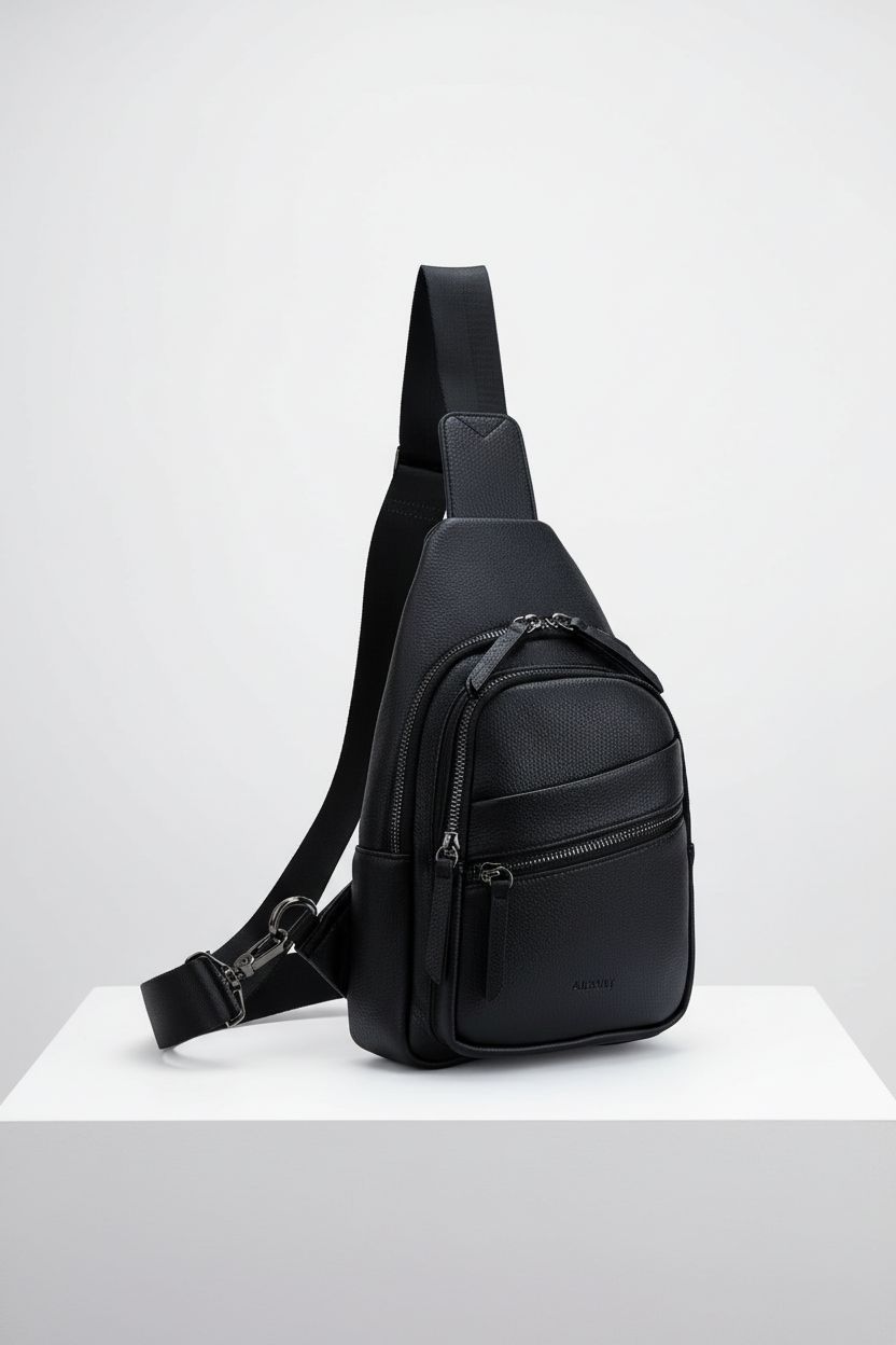 Close-up of Alldaily large leather sling bag showcasing premium material and detailed craftsmanship.