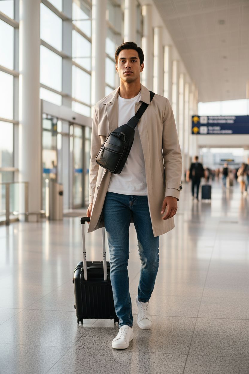 Alldaily large leather sling bag worn crossbody, perfect for modern airport travel with sleek style.