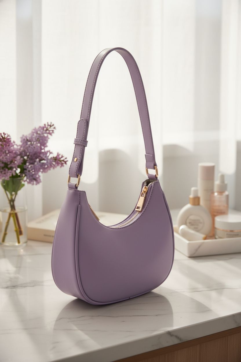 Lavender crescent purse by WSRYDJDL on a marble vanity, highlighting its elegant PU leather texture.