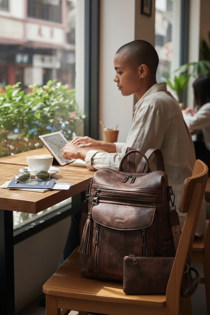 Shrrie leather backpack purse and wristlet in a cozy café setting with travel essentials.