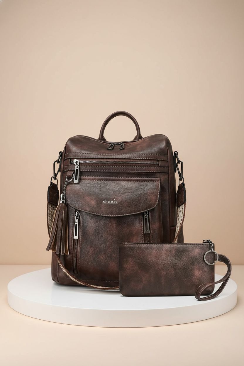 Shrrie designer leather backpack purse with wristlet on beige background, showcasing quality details.