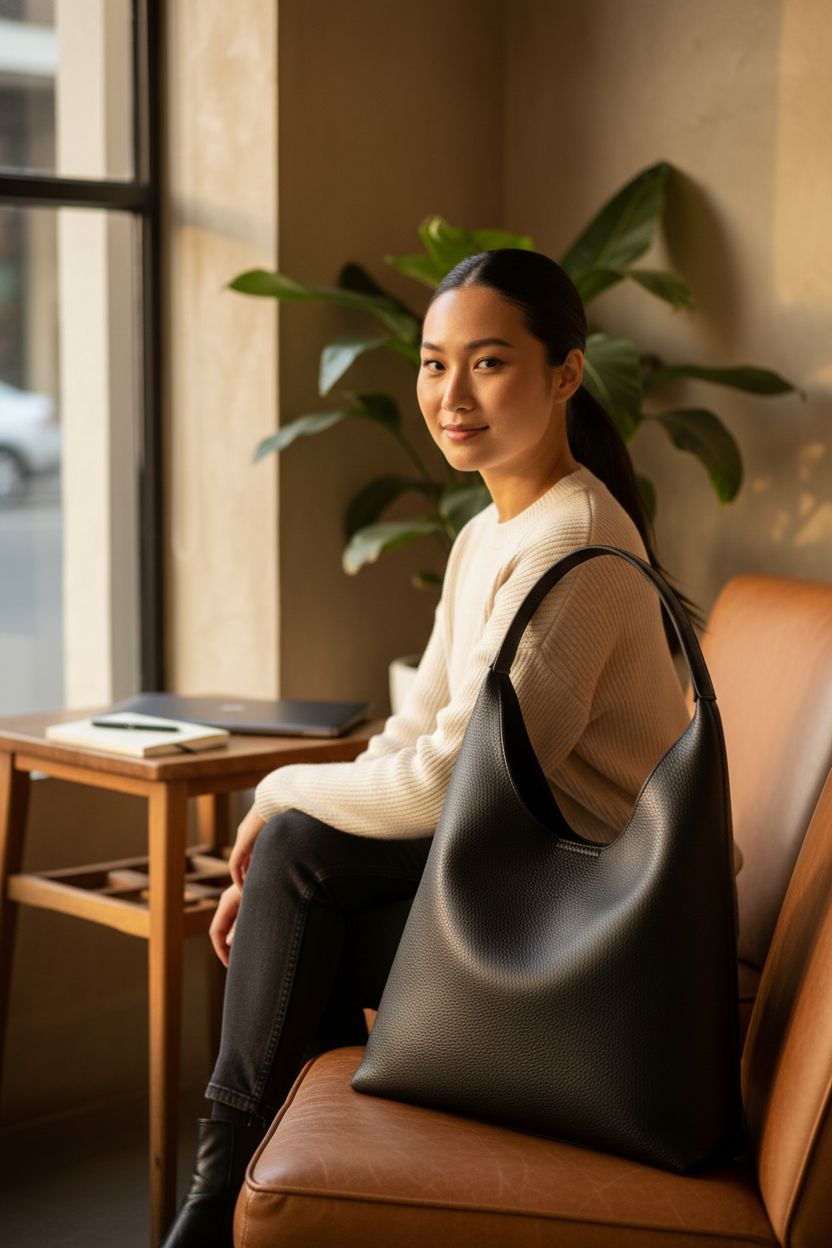 HOXIS black hobo bag resting on a chair in a cozy café, perfect for casual outings and daily use.