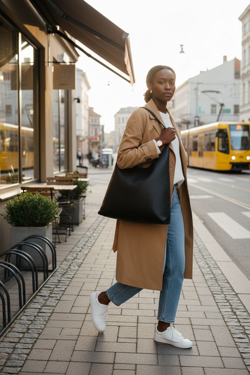 Black hobo bag by HOXIS slung over shoulder, showcasing soft vegan leather in urban setting.
