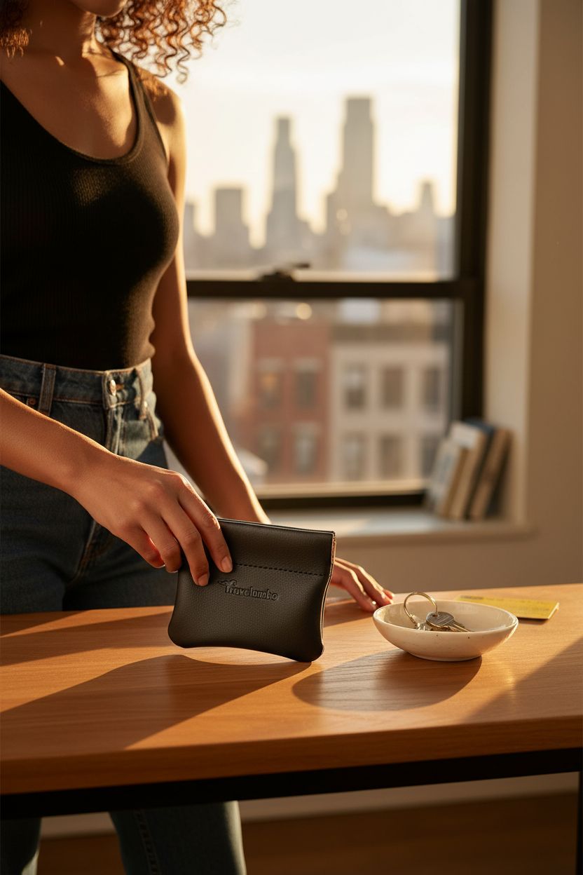 Travelambo leather coin purse placed on a honey-oak console by a sunlit window, showcasing its elegant design.