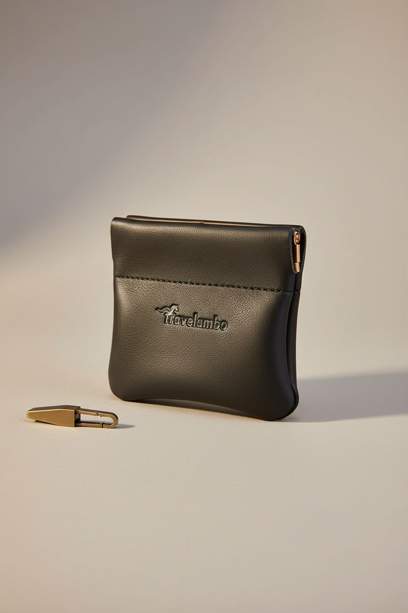 Close-up of Travelambo leather coin purse in vintage black, highlighting the fine-grain leather and spring frame.