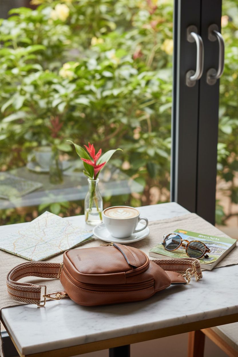 BOSTANTEN brown leather crossbody bag in a cozy café vignette, perfect for travel
