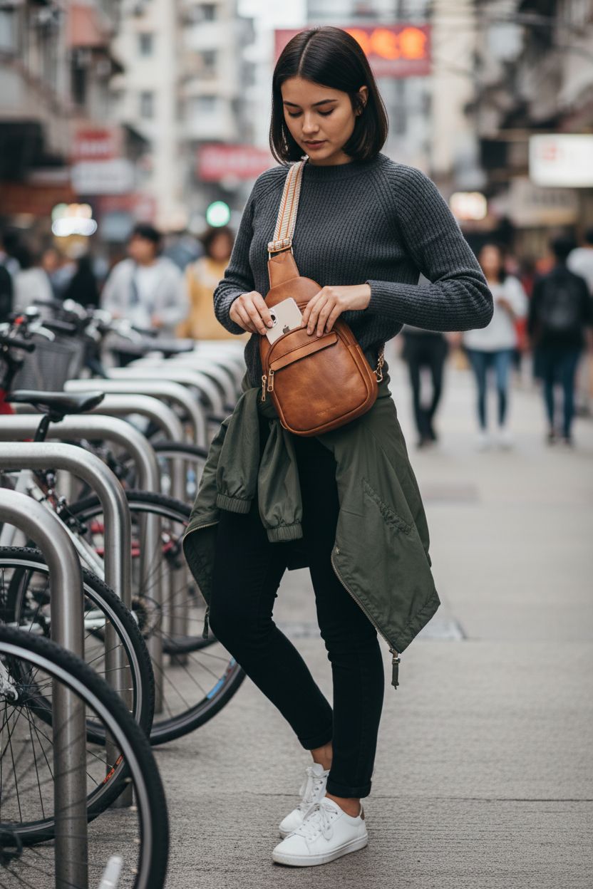 BOSTANTEN brown leather crossbody bag at a bike rack, perfect for quick access during travel.