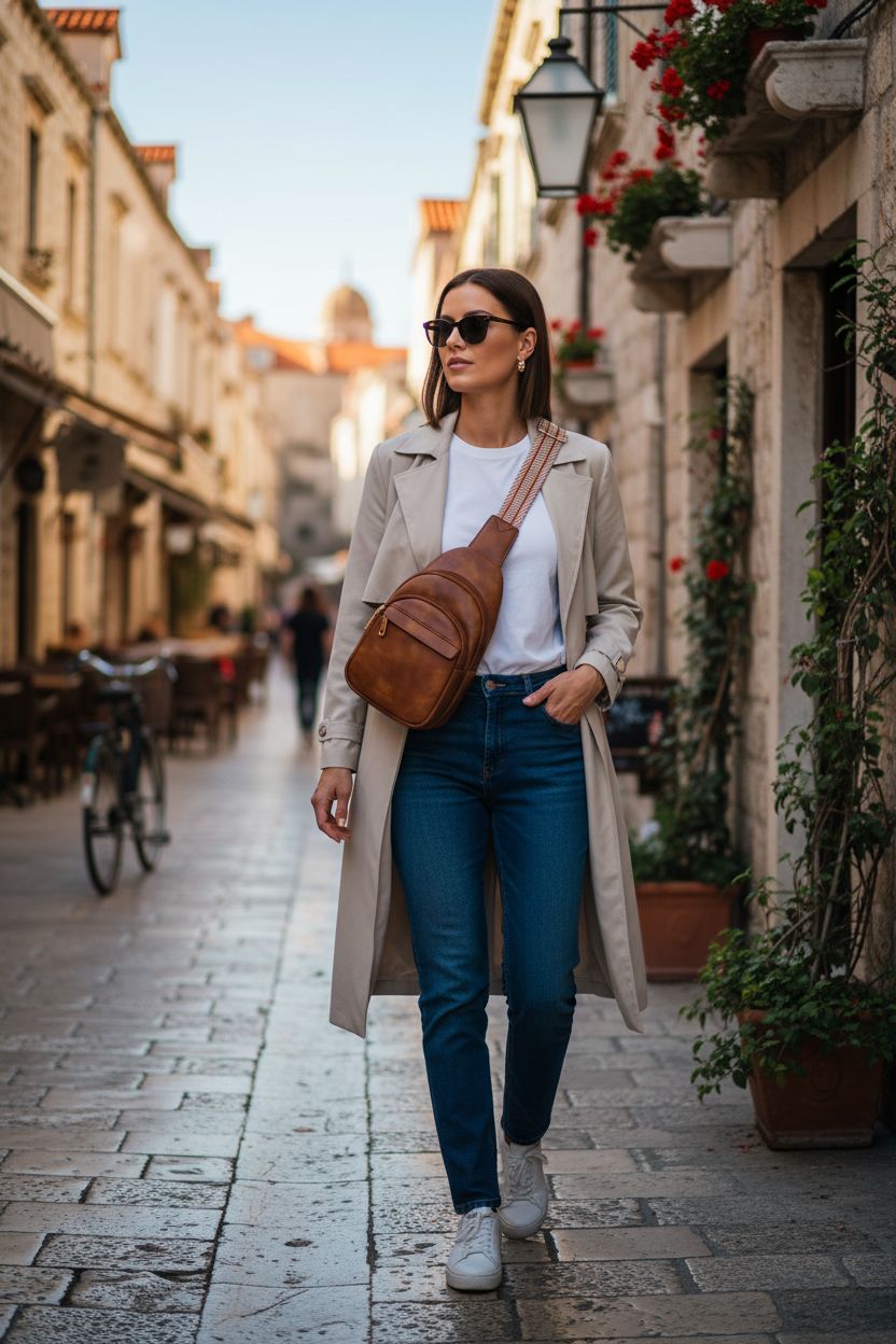 BOSTANTEN leather crossbody bag worn during travel, showcasing its hands-free design and stylish look.