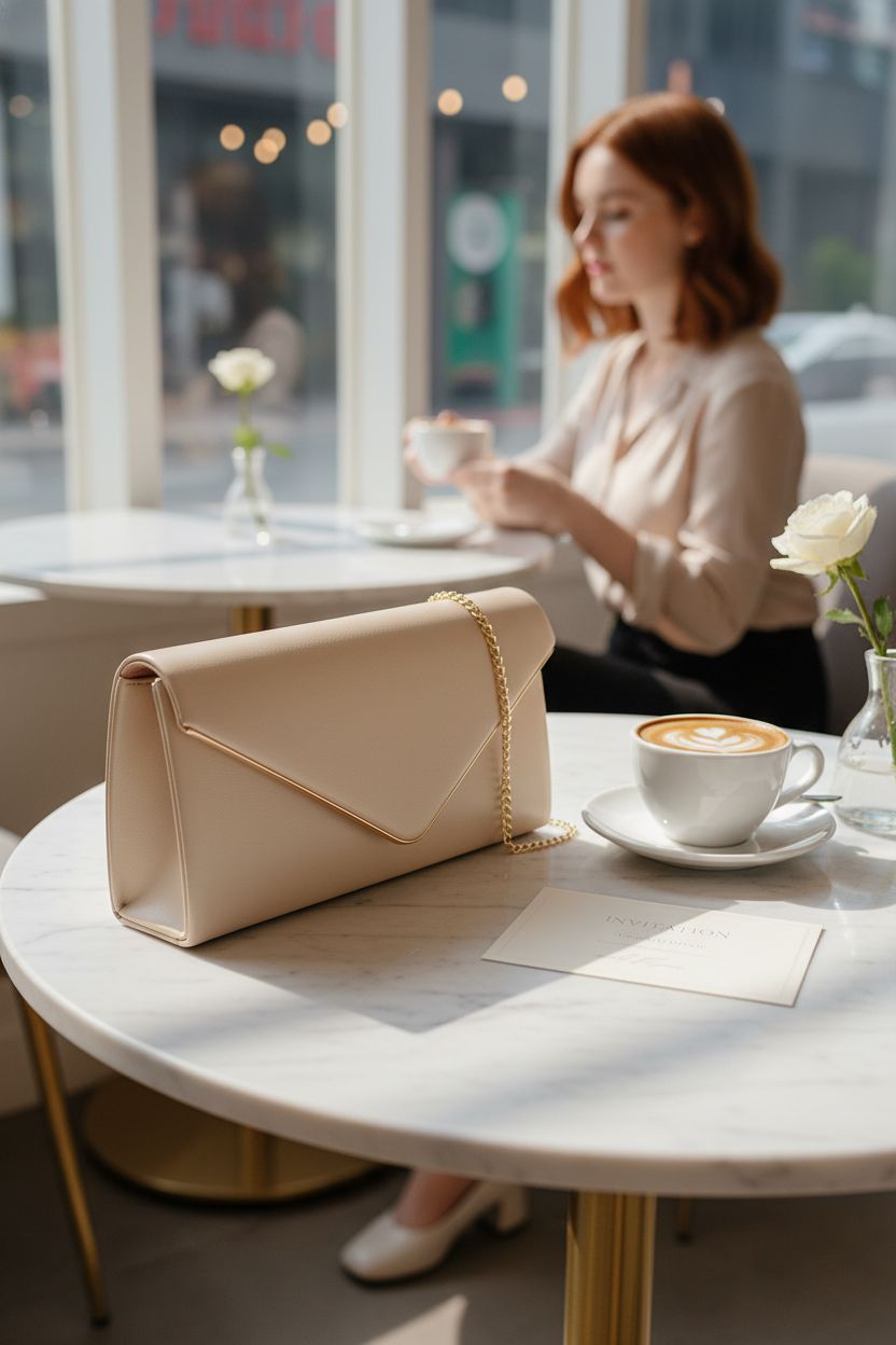 Nodeber vegan leather envelope clutch elegantly placed on a marble table in a cozy café setting.