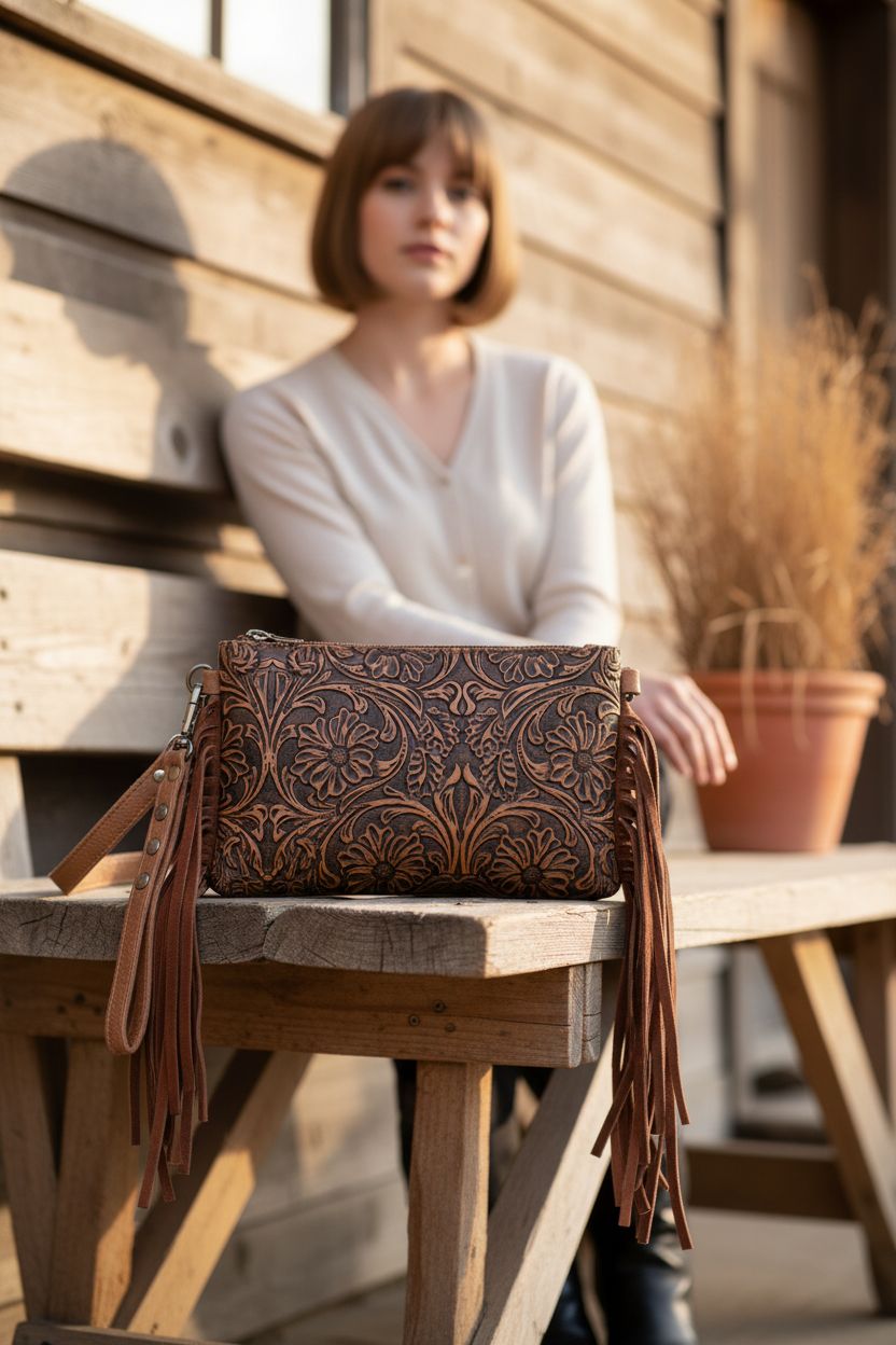 Montana West leather fringe purse resting on a rustic porch with natural decor