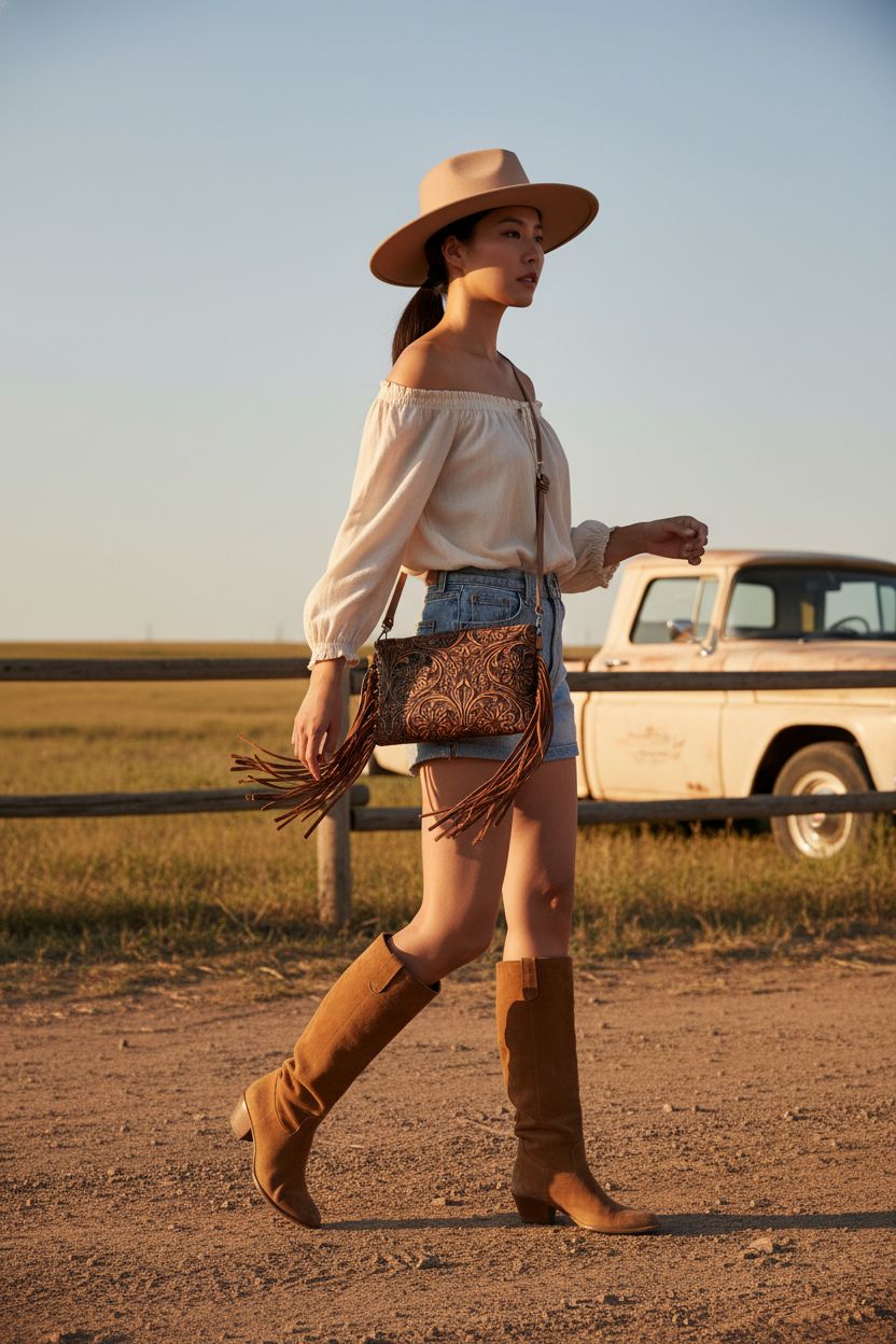 Montana West leather fringe purse in rich brown with tassels, styled outdoors
