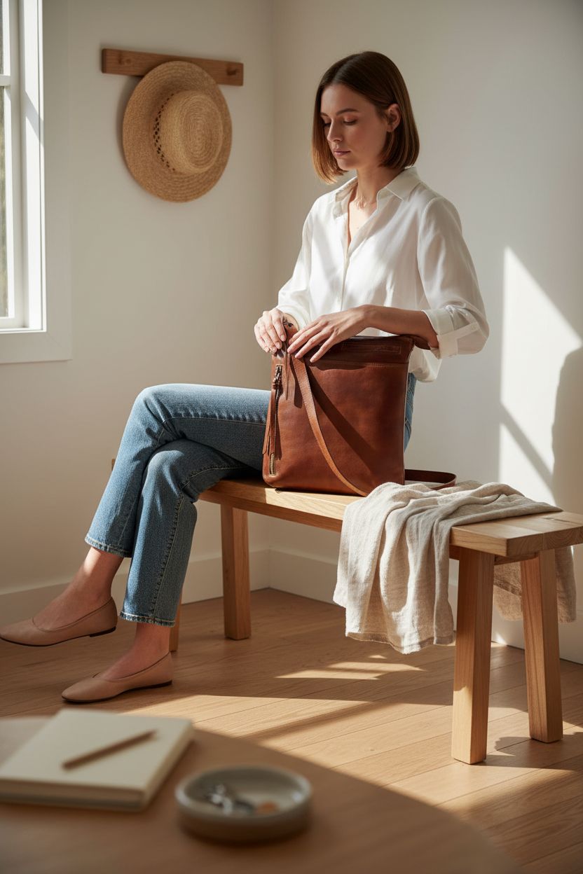 Oak Leathers leather crossbody bag on a light oak bench, highlighting its rich texture and craftsmanship.