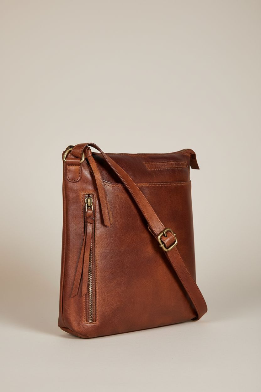 Premium cognac leather crossbody bag by Oak Leathers, showcasing clean lines and adjustable strap.