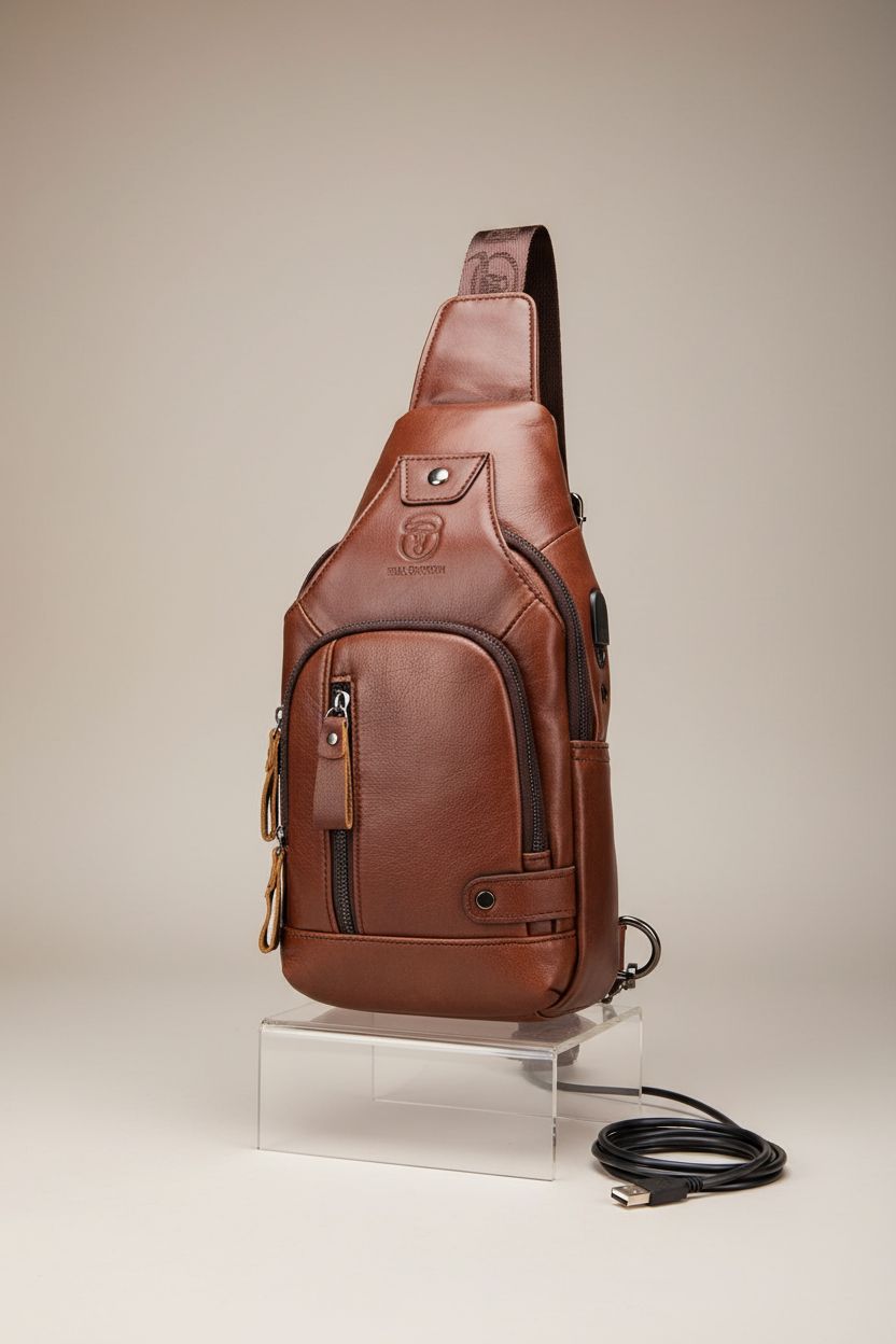 BULLCAPTAIN genuine leather sling bag displayed in a studio with clear riser