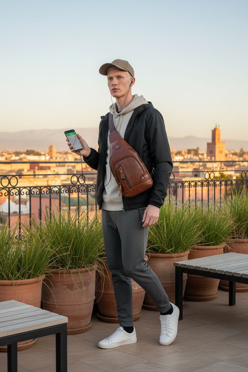 BULLCAPTAIN brown leather sling bag with USB charging on a rooftop during sunset