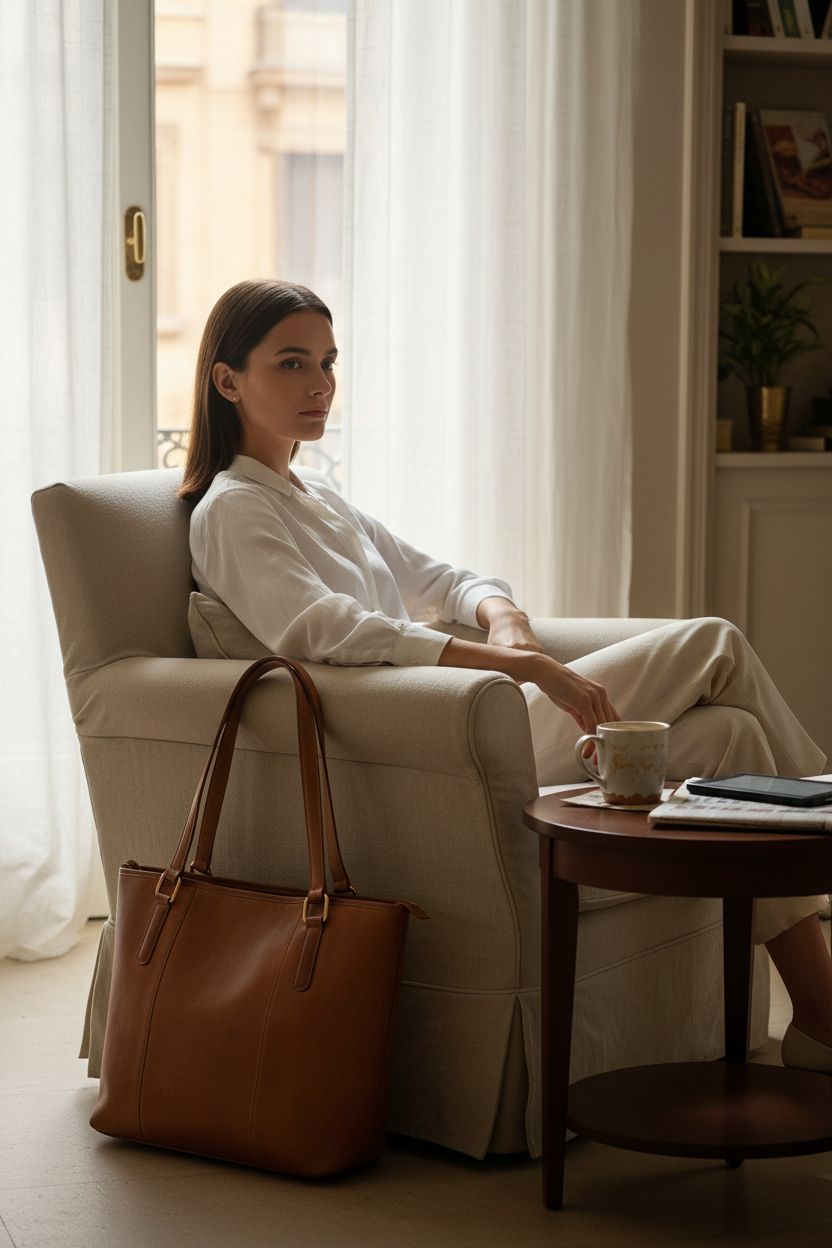 Cozy reading nook featuring Oak Leathers tan leather tote, perfect for relaxed moments at home.