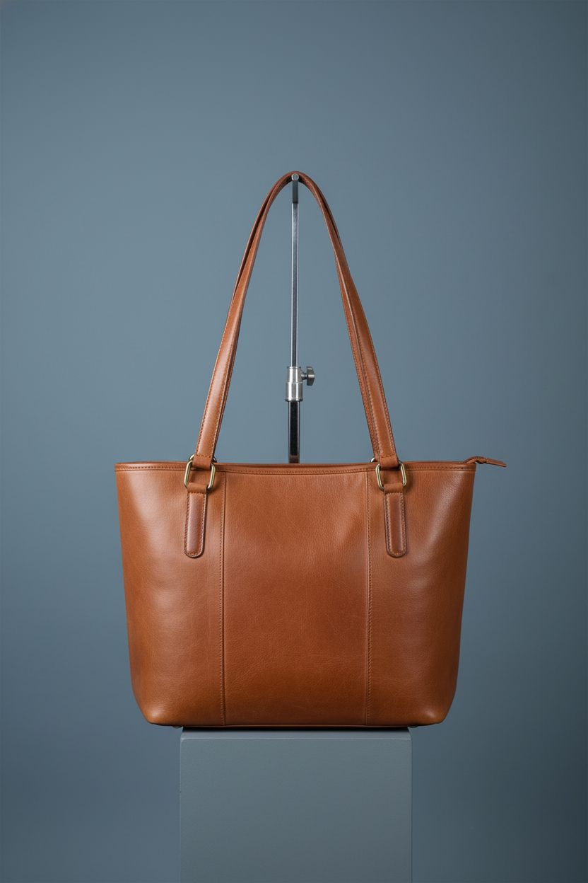 Close-up of Oak Leathers tan leather tote showcasing details like stitching and zipper.