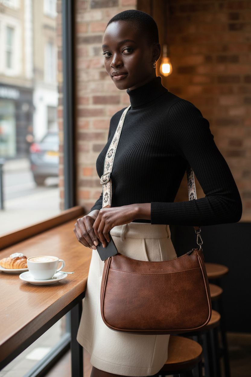 APHISON Vegan-Leather Crossbody with slim strap at a café counter, showcasing its practicality