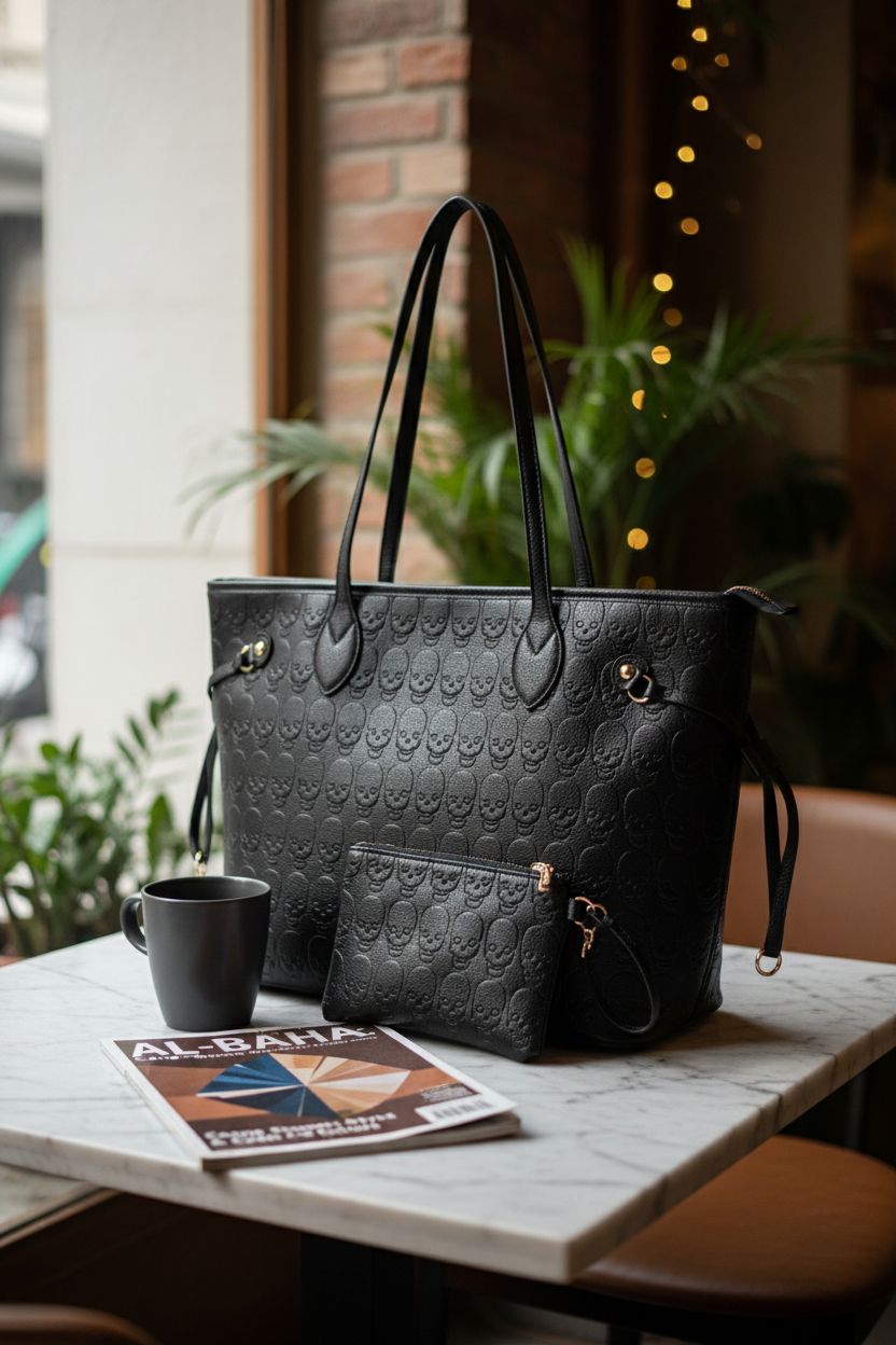 Devil Skull Tote by MICOM on marble counter with coffee, highlighting leather texture and design