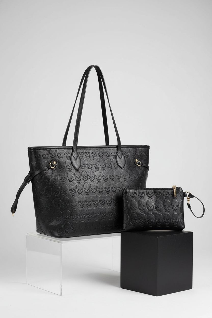 MICOM leather skull purse and clutch on studio backdrop, showcasing luxury and design details