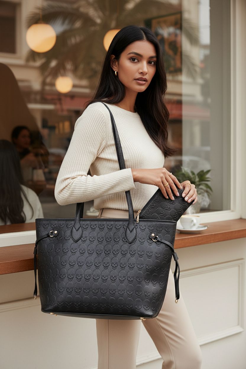 MICOM leather skull purse showcased with clutch in cozy café, perfect for stylish outings