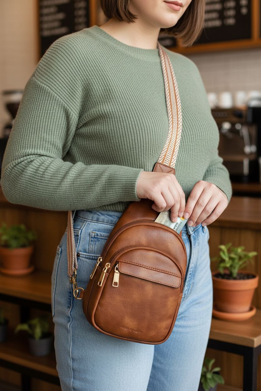 BOSTANTEN brown leather sling bag showcased in a cozy café setting, highlighting zippers and pockets.