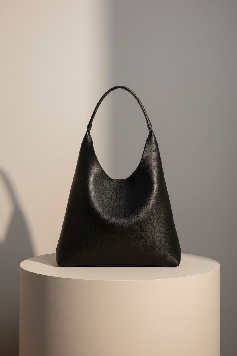 HOXIS black leather tote bag showcased on pedestal highlighting its sleek design