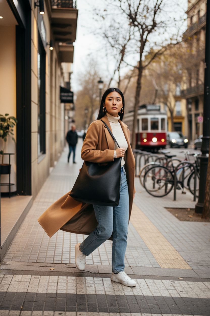 HOXIS black vegan leather tote bag in motion near coffee shop on tree-lined street