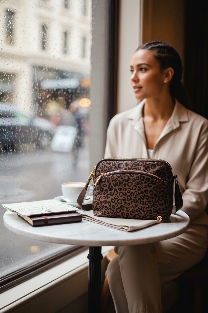 MEXS leopard crossbody bag beside cappuccino, showcasing stylish water-repellent design.